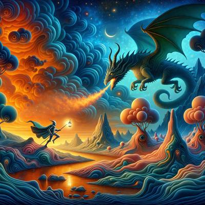 The primary subject of the image is a dragon, which is flying through the sky. The setting is a fantasy world with a backdrop of a mountain range. The visual style is a digital art or illustration, creating a vibrant and colorful atmosphere. The dominant colors include shades of blue, green, and orange, which contribute to the overall mood of the scene.